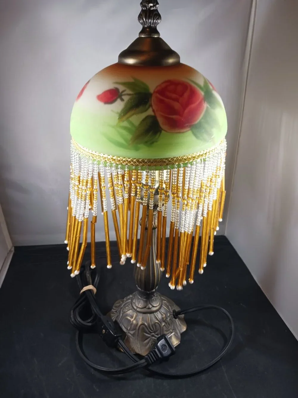 Vintage Floral Table Lamp with Beaded Fringe Tiffany Style Hand Painted Shade